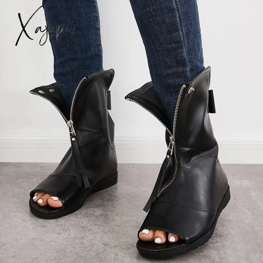 Xajzpa - Women's Open Toe Ankle Boots Fashion Flat Booties Zip Up Boots